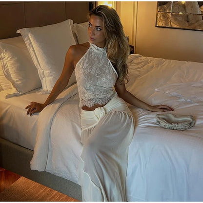 Boho 2 Piece Set Halter Sheer Floral Lace Crop Top Ruched Waist Self Tie High Slit Ruffle 2026 Summer Beach Vacation Women Wear