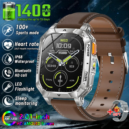 New 1400 mAh Battery Military Smartwatch Men IP68 Waterproof Flashlight Health Monitor Sports Call Smart Watch For iOS Android