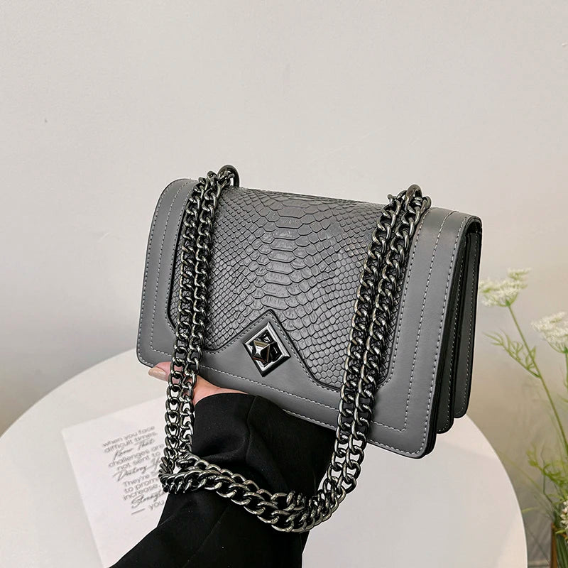 Leather Shoulder Bag Chain Purse for Women - Fashion Crossbody Bags Vintage Snake Print Underarm Bag Square Satchel Handbag