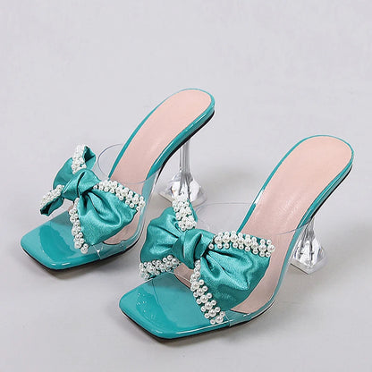 Liyke 2026 New Style Pink Women Slippers Sandals Fashion Pearl Bowknot High Heels PVC Transparent Shoes Summer Mule Slides Pumps