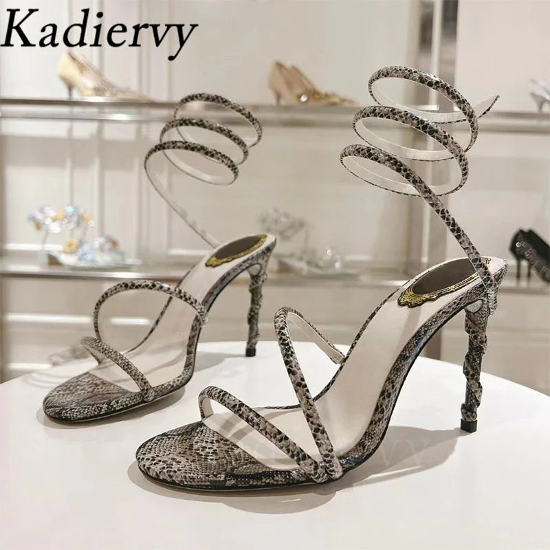 Luxury High Heels Sandals Woman Rhinestone Snake Twine Around Ankle Strap Wedding Shoes Stiletto Summer Gladiator Sandals Women