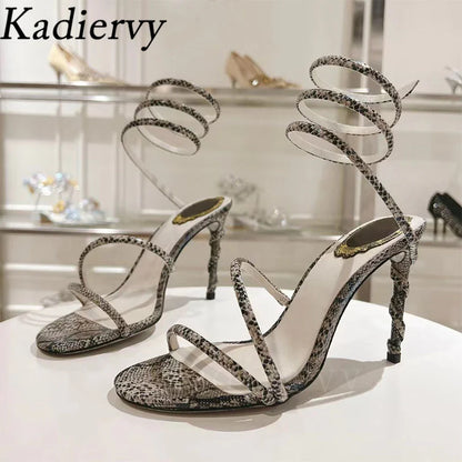 Luxury High Heels Sandals Woman Rhinestone Snake Twine Around Ankle Strap Wedding Shoes Stiletto Summer Gladiator Sandals Women