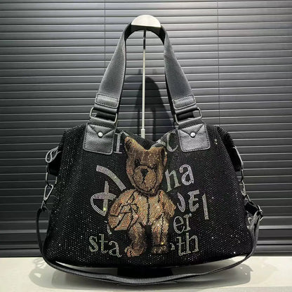 Ladies' fashionable diamond jewelry cute teddy bear handbag, large capacity, personalized, elegant, shiny shoulder bag