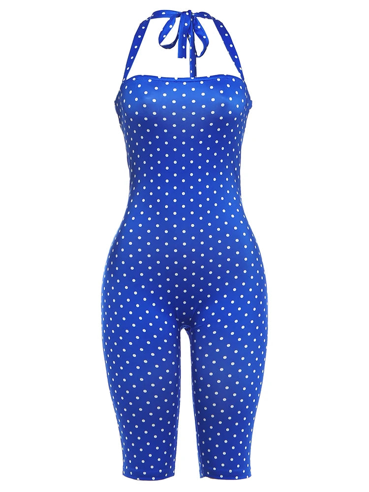 Weird Puss Sexy Backless Rompers Woman Polka Dot Print Bandage Halter Sleeveless Skinny Peach Hip High Street Fashion Playsuits