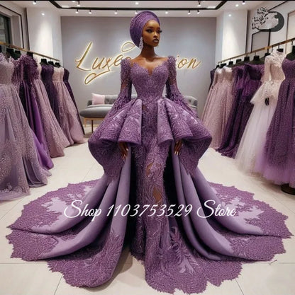 Customized Taro Purple Lace Gown Nigerian Mermaid Wedding Dress African Formal Evening Gown Detachable Train Prom Dress 2026