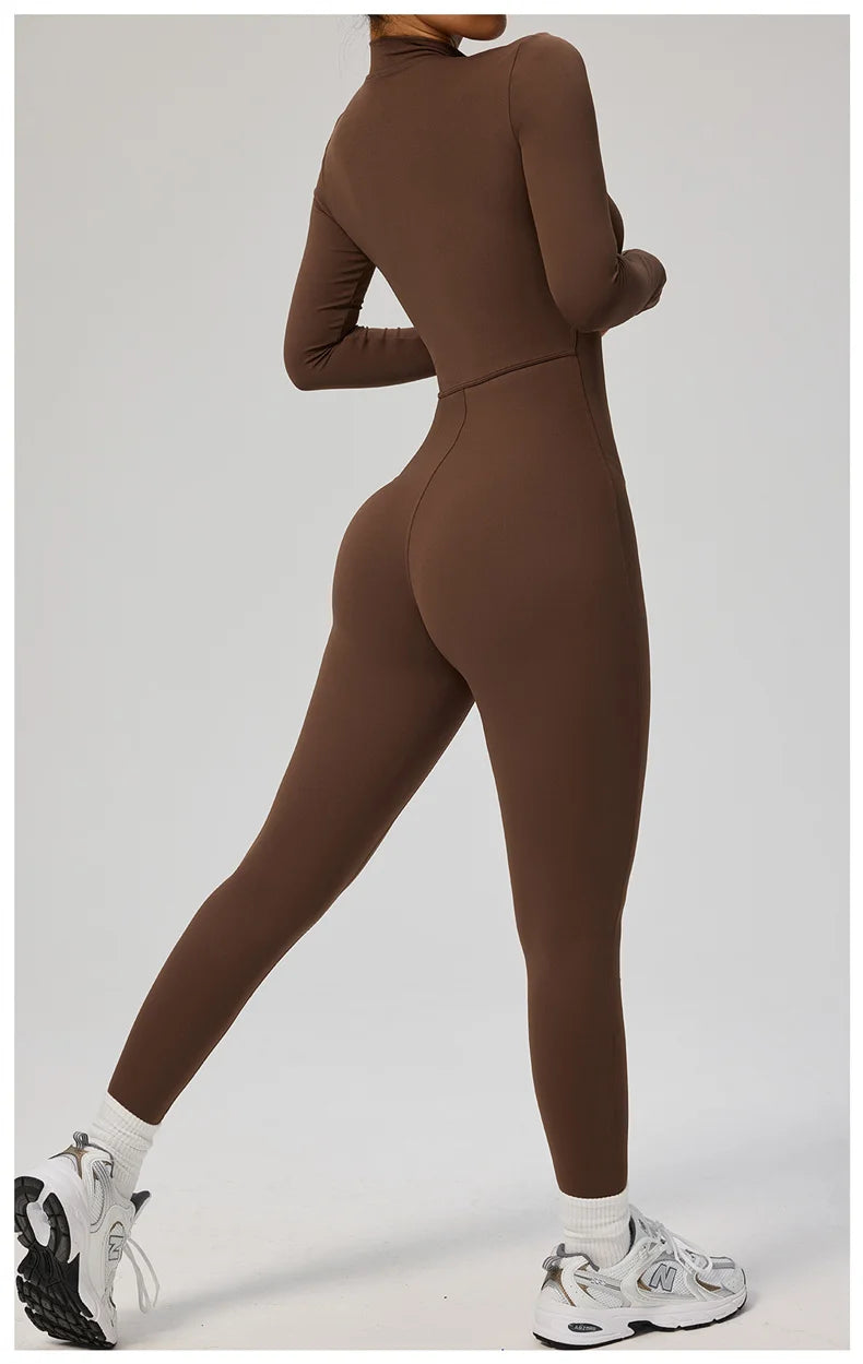 TRY TO BN Women's Jumpsuit Long Sleeve Zipper Shapewear Bodysuit Yoga Fitness One Piece Tights Gym Clothing Mono Deportivo Mujer
