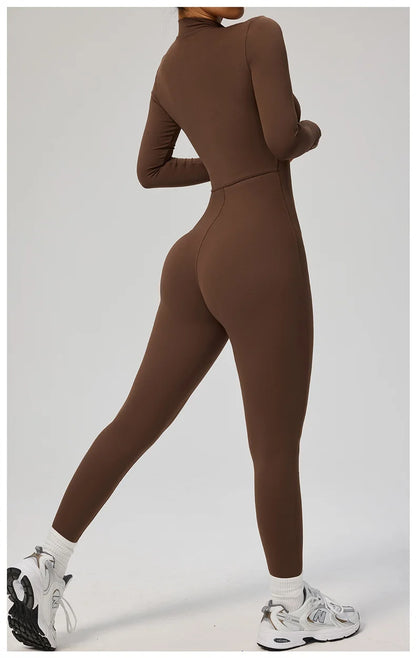 TRY TO BN Women's Jumpsuit Long Sleeve Zipper Shapewear Bodysuit Yoga Fitness One Piece Tights Gym Clothing Mono Deportivo Mujer