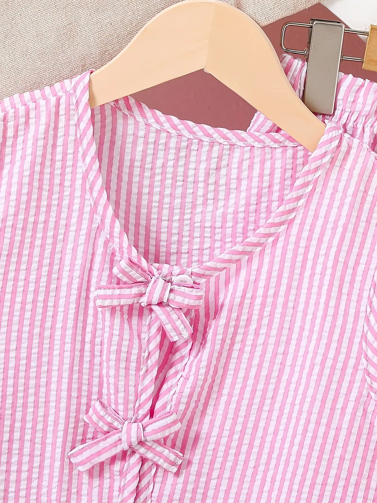 Kids Girls 2 Piece Pink Stripe Sleeveless Peplum Top & Wide Leg Pants Set Cute Bow Detail Summer Outfit