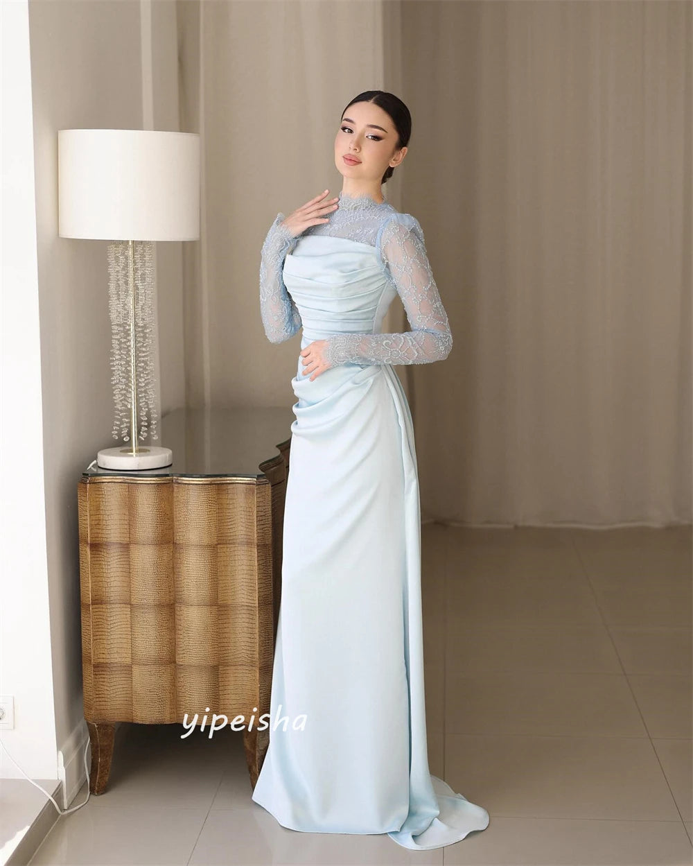 Customized Jiayigong  Chiffon Applique Ruched Evening A-line High Collar Bespoke Occasion Gown Long Dresses