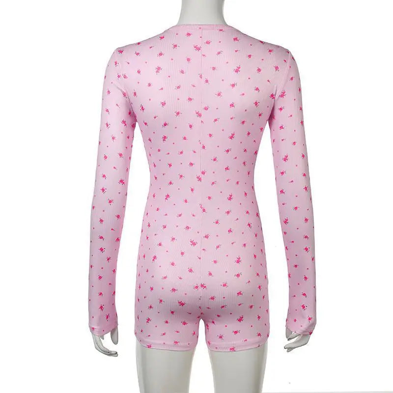 Pajamas Onesies Women's Sexy Bodysuit Casual Flower Print V-neck Front Button Long Sleeve Slim Fit Jumpsuit Sleepwear