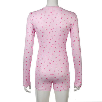 Pajamas Onesies Women's Sexy Bodysuit Casual Flower Print V-neck Front Button Long Sleeve Slim Fit Jumpsuit Sleepwear