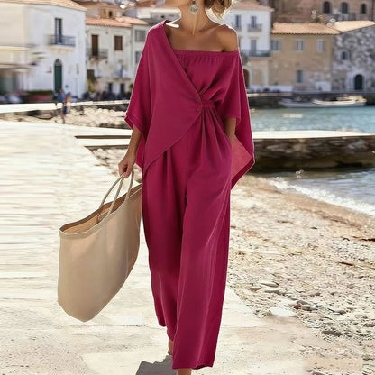 Fashion Streetwear Jumpsuits for Woman Spring Off Shoulder Batwing Sleeve Wrap Tie Waist Rompers Elegant Wide Leg Overalls Mujer