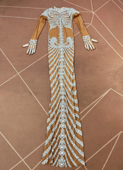 Fashion Skeleton Pattern Designed Shining Rhinestones Mesh Dress Women Halloween Party Celebrate Show Stage Outfit Kulouwang
