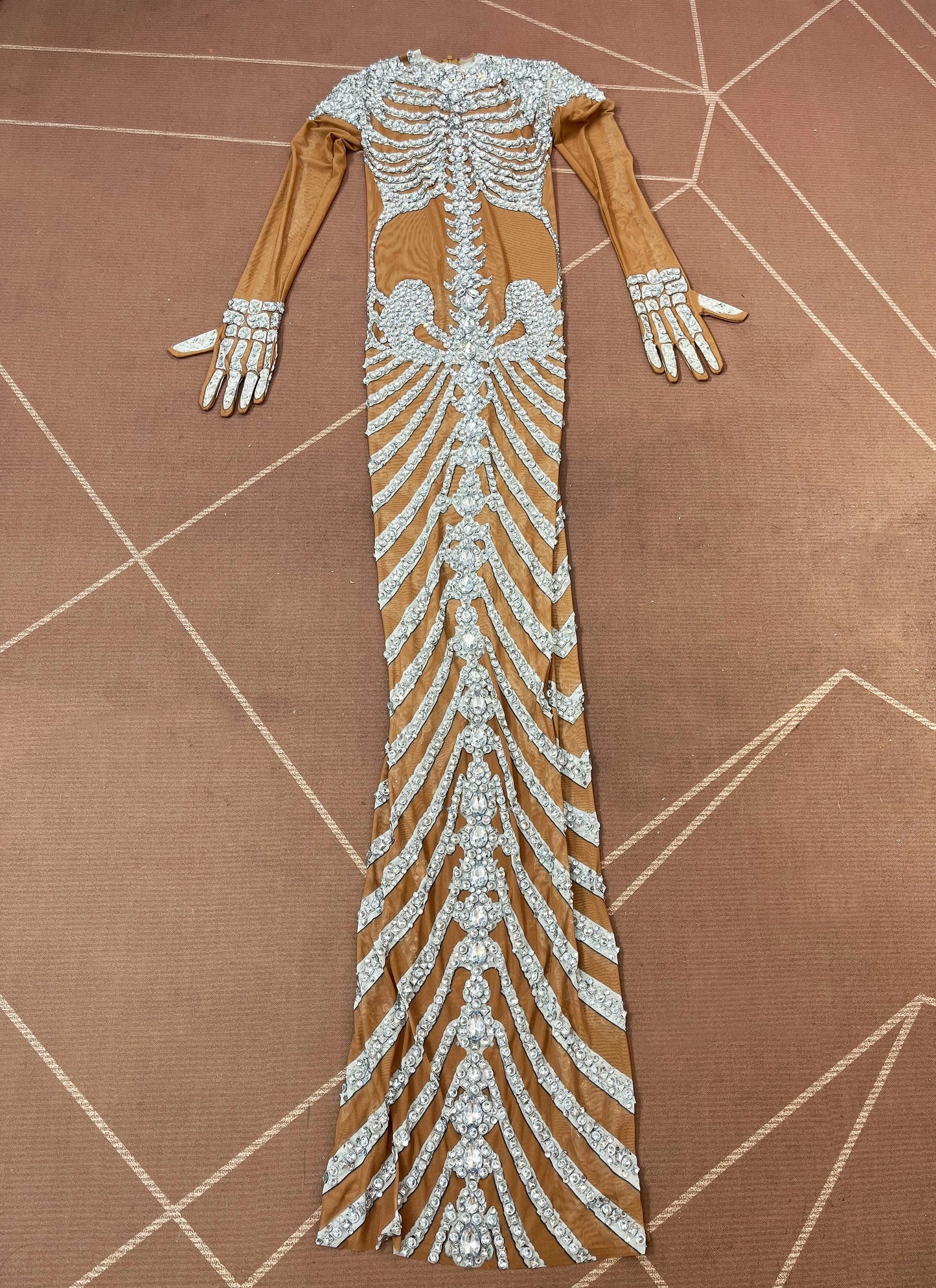 Fashion Skeleton Pattern Designed Shining Rhinestones Mesh Dress Women Halloween Party Celebrate Show Stage Outfit Kulouwang