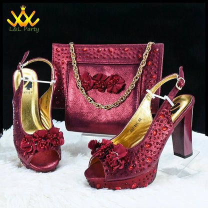 High Quality 2024 Summer New Design in Purple Color Mature Style Italian Women Shoes and Bag Set with Platform for Wedding Party