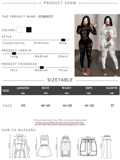 FHSEER Women's Sexy Jumpsuit Sheer Mesh Long Sleeve Hollow Out Bodycon High-Waist Stretchy Club Party Date Night Out Outfit