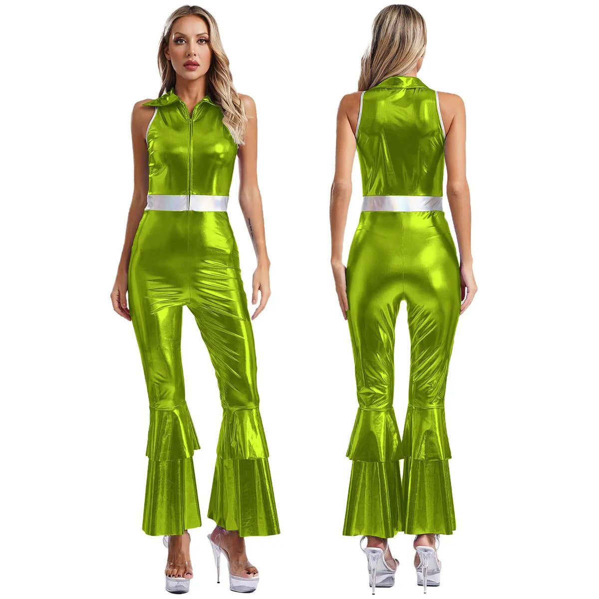 Womens Vintage 70s 80s Disco Dance Jumpsuit Sequin Tassels One Shoulder Hippie Bell Bottom Bodysuit Metallic Shiny Jazz Rompers