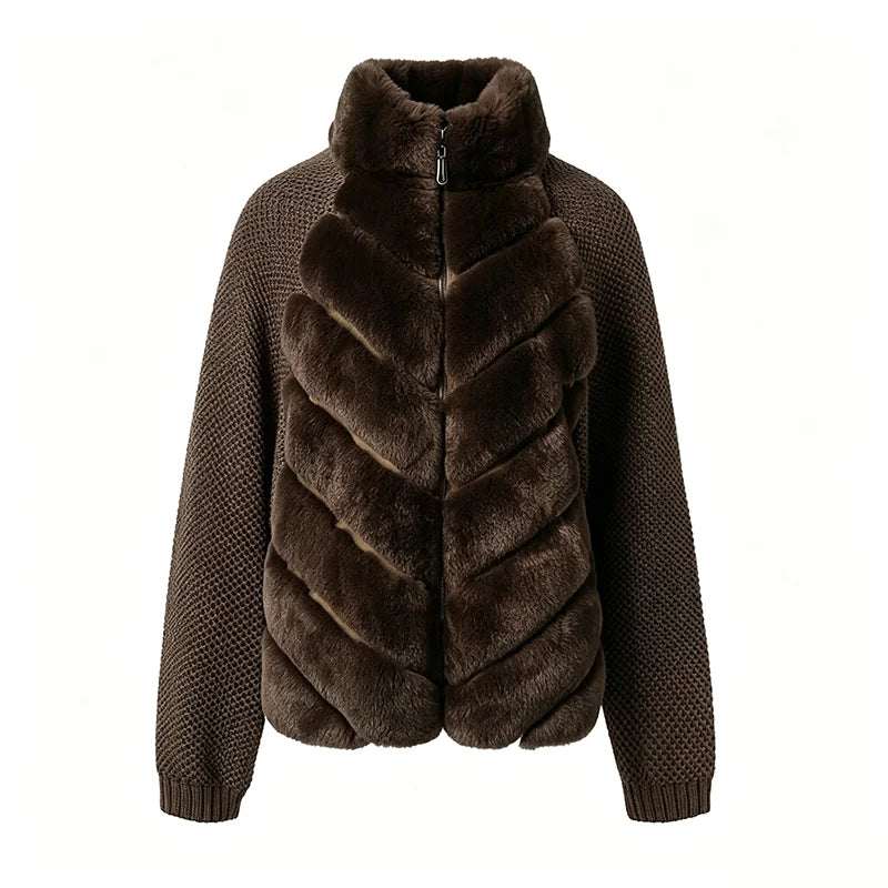 Knit Long Sleeve Faux Fur Patchwork Jacket Coat Women Zipper 20256Winter Fashion Warm Female Cardigans Commute Lady Outwear Tops