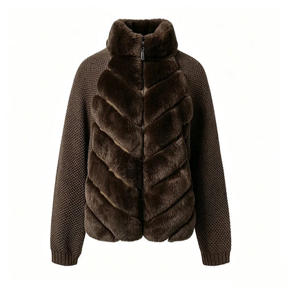 Knit Long Sleeve Faux Fur Patchwork Jacket Coat Women Zipper 20256Winter Fashion Warm Female Cardigans Commute Lady Outwear Tops