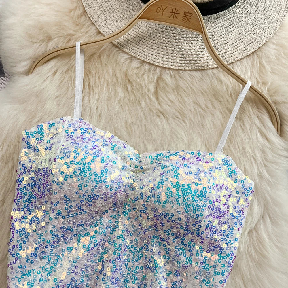 Sexy Sequin Party spaghetti Croset Bustier backless Slim Tanks and Camis Strap Glitter Crop Top Fashion Summer Women Clothes Y2k