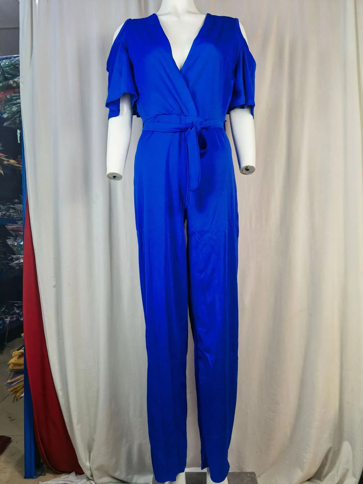 2024 Spring/Summer New Women's jumpsuit loose and elastic V-neck off shoulder waist loose wide leg pants for women's clothing