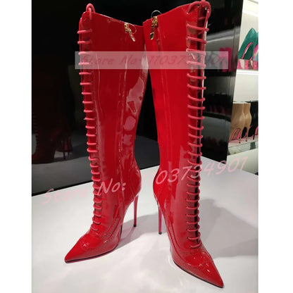 Pink Sole Zipper Knee Length Boots Women Sexy Nightclub Lace Up Pointy Toe High Heels Boots Lady Party Nifty Punk Fashion Shoes