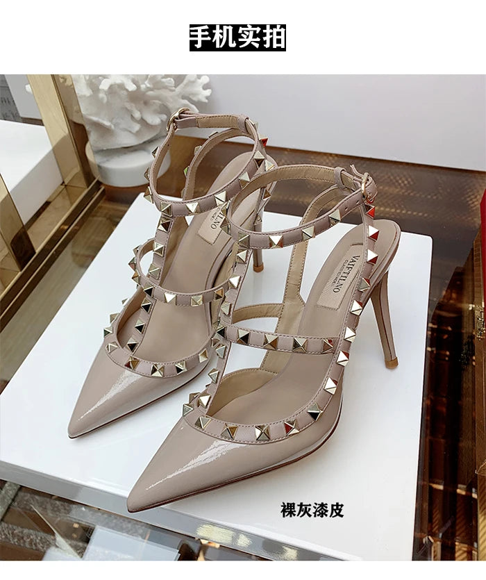 Women's Gladiator sandals Summer 2026 Luxury With Ankle Strap Pointed Toe Fashion Rivet High Heels Party Ladies Shoes Women 10cm