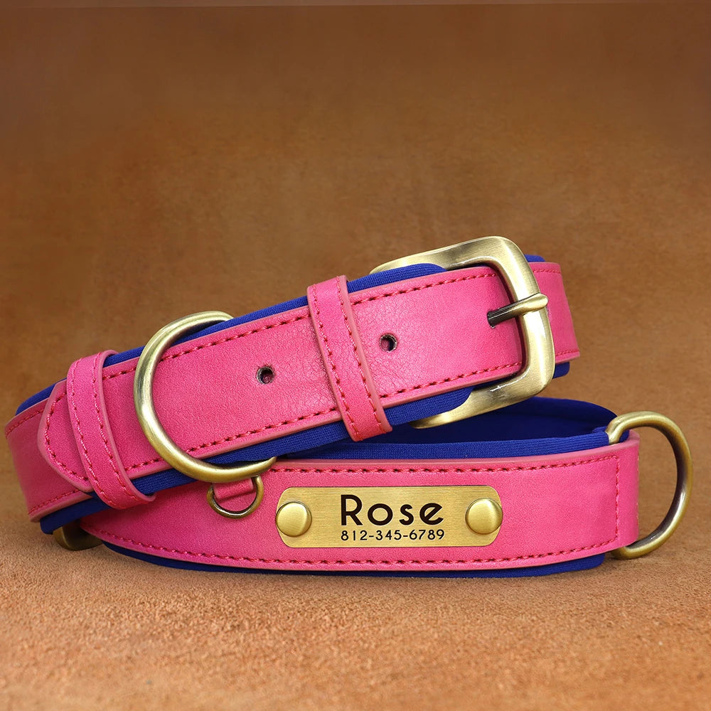 Personalized Dog Collar Leash PU Leather Dogs Collars Pet Rope Engraved Pet ID Name Necklace for Small Large Dogs Soft Padded