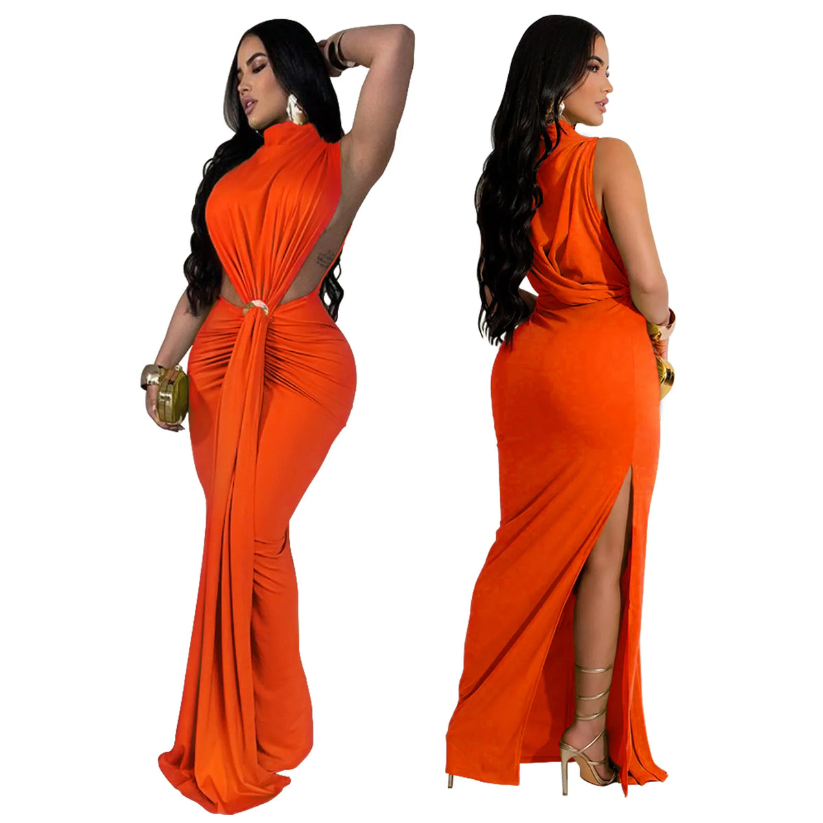 CM.YAYA Women O-neck High Split Ruched Stacked Bodycon Midi Maxi Dress 2024 Evening Party Club Vestidos Sexy Chic Long Dresses