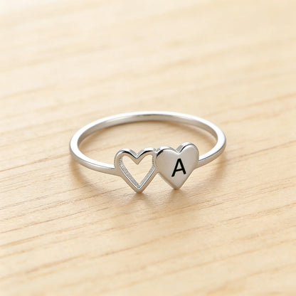 COOLTIME Initial Letter Ring for Women Stainless Steel A-Z Alphabet Double Heart Rings Simple Wedding Cheap Gift For Lover