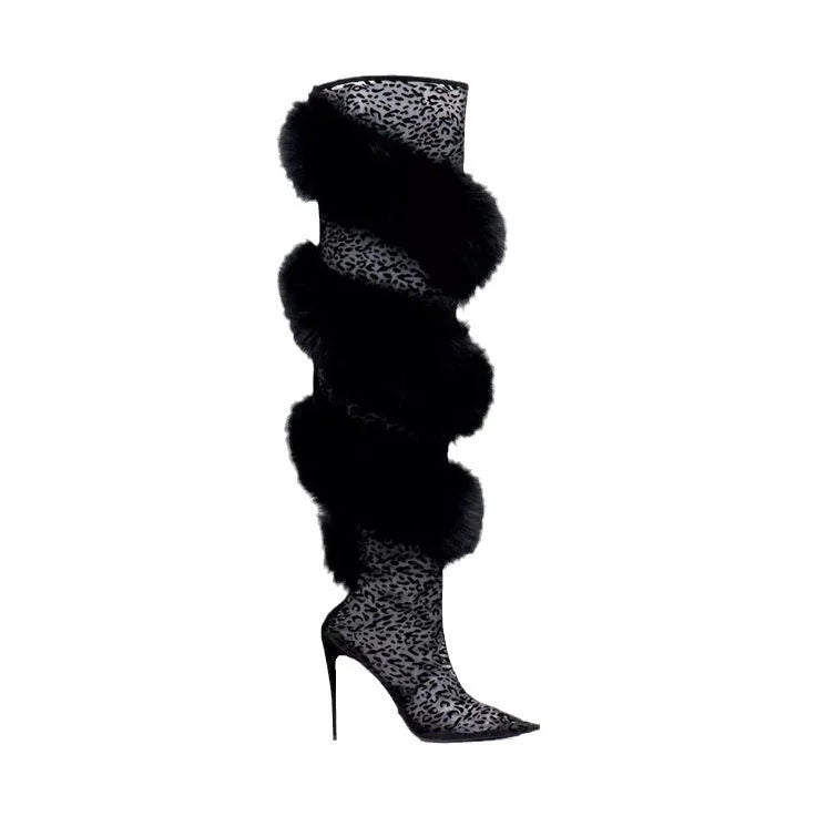 Black Lace Leopard Print Pointed-Toe Thigh-High Boots Faux Fur Stiletto Heel Sexy Sheer Mesh Detail Large Size Women's Boots