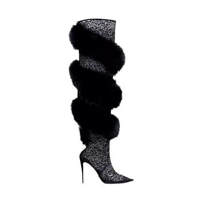 Black Lace Leopard Print Pointed-Toe Thigh-High Boots Faux Fur Stiletto Heel Sexy Sheer Mesh Detail Large Size Women's Boots