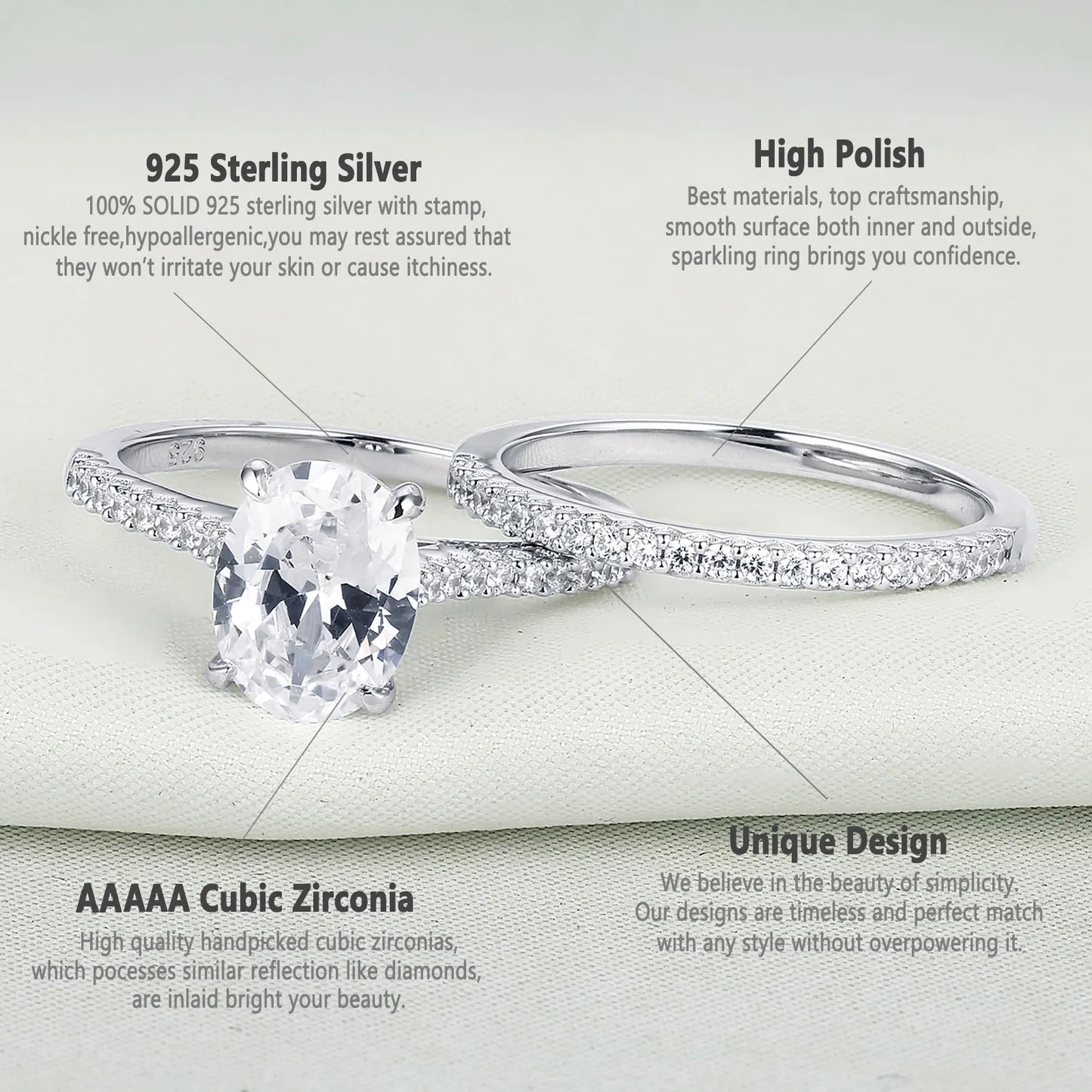 Newshe 2 Pieces 925 Sterling Silver Engagement Rings Set 1.9Ct Oval Shape AAAAA Zircon Jewelry Eternity Wedding Band BR0943