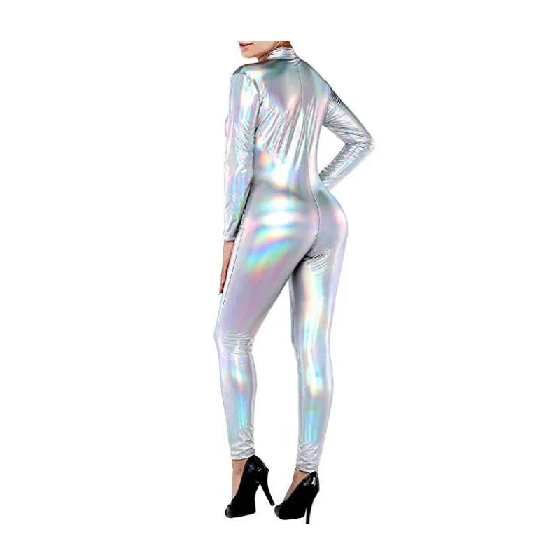 Plus Size Bodycon Party Romper Shiny Laser Holographic Front Zipper Long Sleeve Jumpsuits High Street Sissy Stretchy Bodysuit