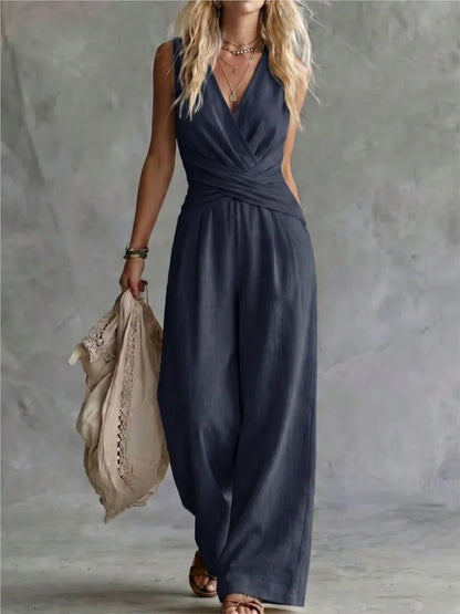 Fashion Light Blue Wide Leg Pants Jumpsuit Women's V-neck Sleeveless Cross Wrap Waist Design Rompers Summer Casual Jumpsuits