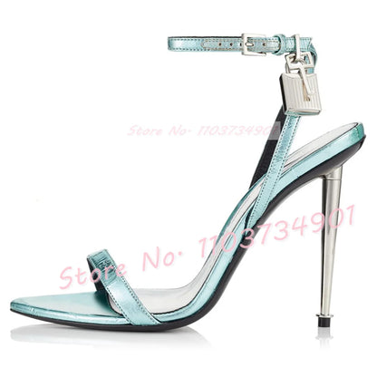 Metal Heel Lock Metallic Leather Sandals Female Luxury Open Toe Stiletto High Heels Shoes Lady Elegant Party Ankle Strap Sandals