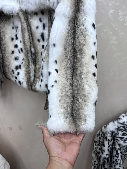 2026 New 100% Genuine Whole Skin Real Rabbit Fur Coat Luxury Leopard Print Natural Fur Jacket Full Pelt Rabbit Fur Overcoat