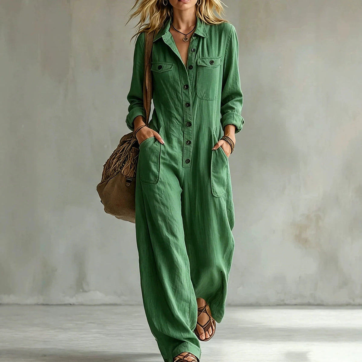 Retro Lapel Buttoned Pocket Solid Loose Commuting Pocket Jumpsuit Women Autumn New Vacation All-match Jumpsuits Women's Clothing