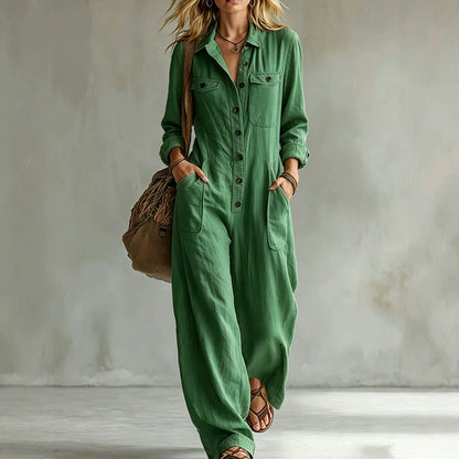Retro Lapel Buttoned Pocket Solid Loose Commuting Pocket Jumpsuit Women Autumn New Vacation All-match Jumpsuits Women's Clothing
