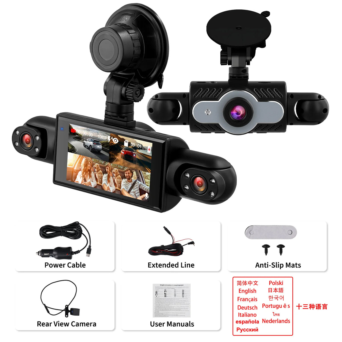 Podofo 1080P Car Dash Cam with Four High-Definition Cameras, Including 480P Left Interior, Right Interior, and Rear Cameras Night Vision Loop Recording Car Driving, Reversing Recorder