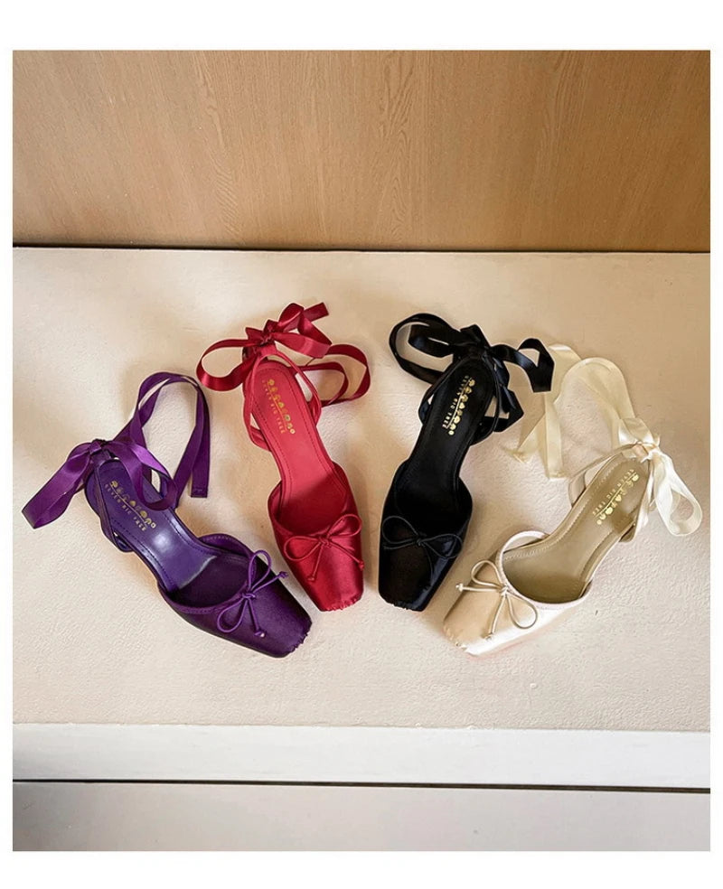 French Ballet Style Satin Closed Toe Mary Jane Pumps Lace Upper Multi-Layer Bow Cross Ankle Strap Thin Stiletto Elegant Wedding