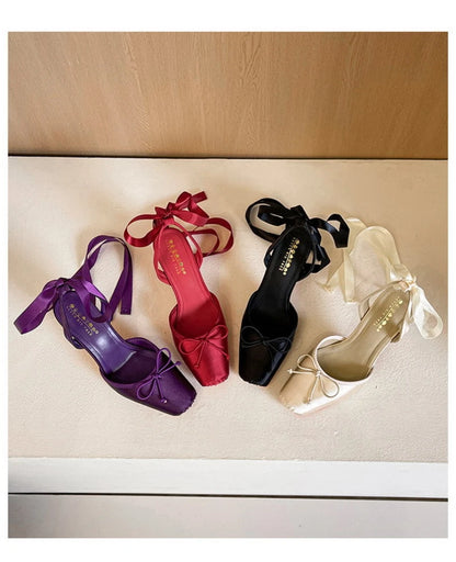 French Ballet Style Satin Closed Toe Mary Jane Pumps Lace Upper Multi-Layer Bow Cross Ankle Strap Thin Stiletto Elegant Wedding