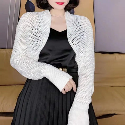 Womens Fashion Hollow Ice Silk Shawl Simple Elegant Thin Outerwear Coat Luxury Long Sleeve Smock Top