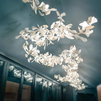 Ginkgo Leaves Loft Hanging Chandelier Light For High Ceiling Staircase Living Dining Room Modern White Porcelain Leaf Chandelier
