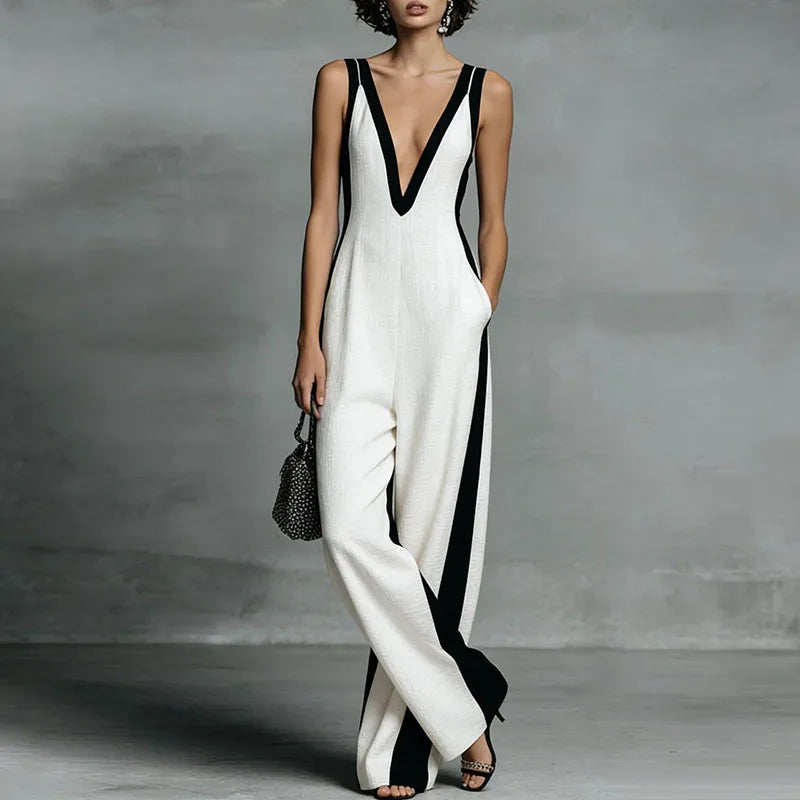 Spring Summer Sleeveless Straps Vacation Jumpsuit Woman Sexy Deep V Neck Hollow Rompers New Elegant Striped Print Beach Overalls