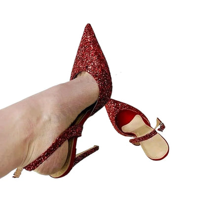 ALMUDENA Green Satin Fabric Slingback Banquet Shoes Red Silver Bling Bling Sequined Wedding Shoes Buckle Strap Shallow Pumps