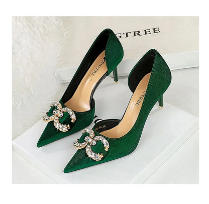BIGTREE Party Pumps 7cm Thin High Heels Western Style Velvet Shallow Pointed Toe Side Hollow Crystal Pearl Bow Lady Shoes Pink