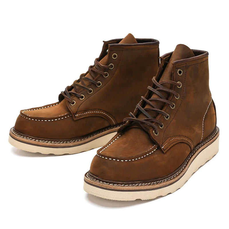 KOWM Cowhide Hiking Shoes Men's Walking Boot British Trekking Shoes Thick Soled Cowhide High Top Motorcycle Boots Ankle Sneakers