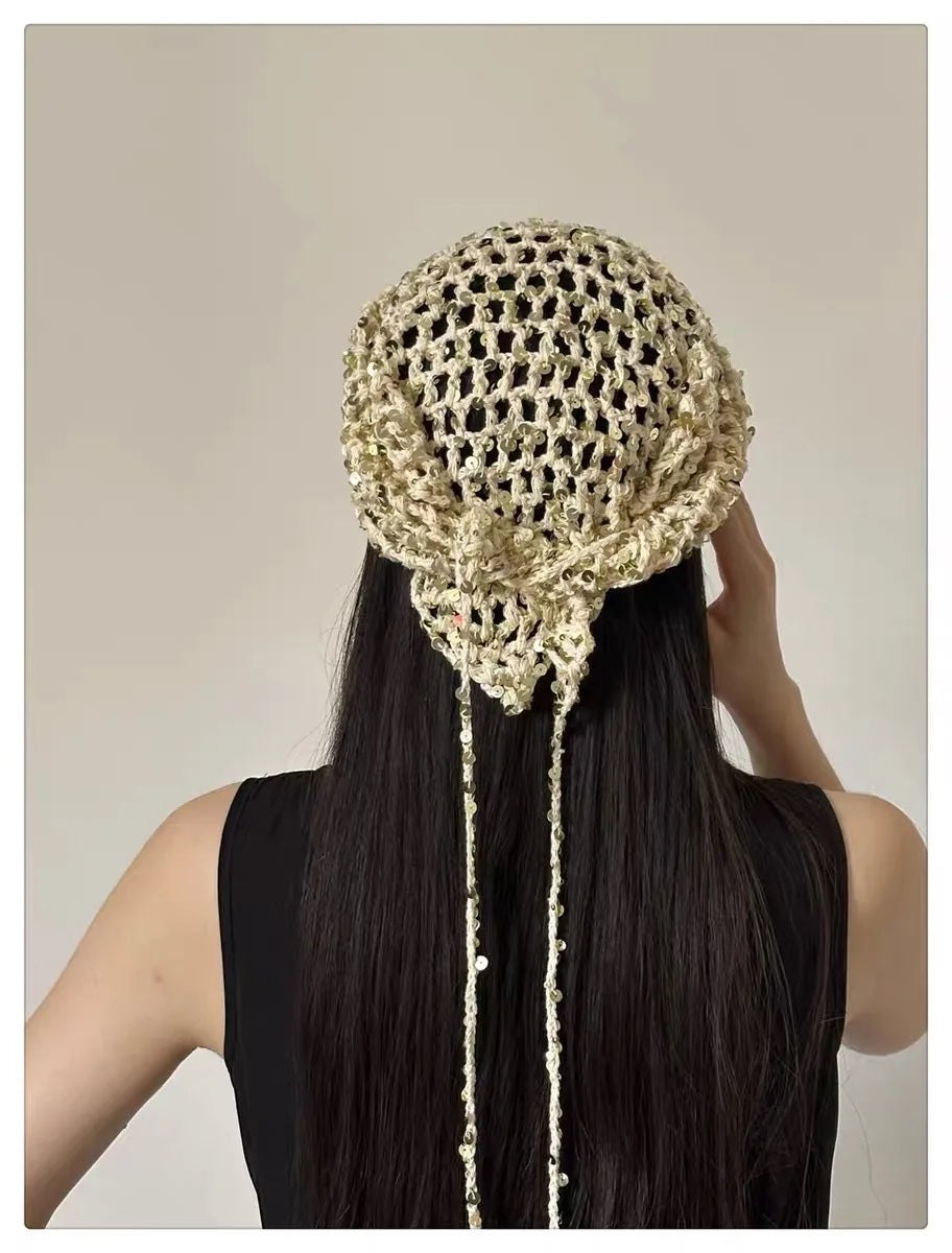 French Retro Knitted Triangular Towel Female Hottie Travel Sweet and Cute Literary Style Handmade Crochet Headscarf Headband