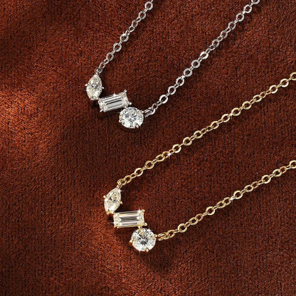 Rrjzz Three Stone D-Color Full Moissanite Pendant Necklace for Women Marquise Emerald Round Cut Necklace Birthday Jewelry Gifts